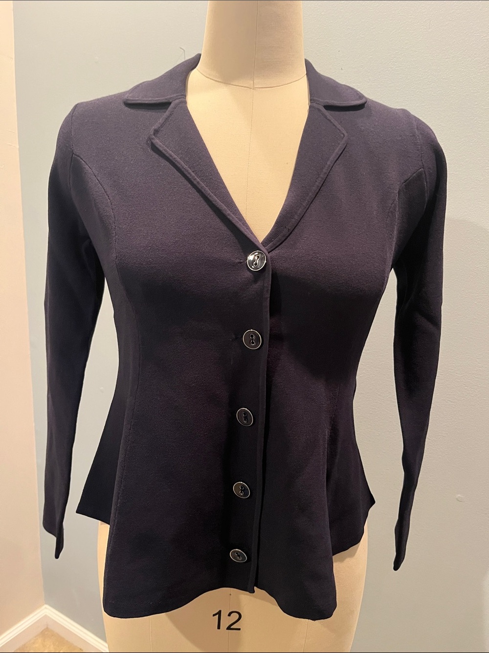 Carlisle Dark Navy Button-Front Peplum Knit Blazer, NWOT